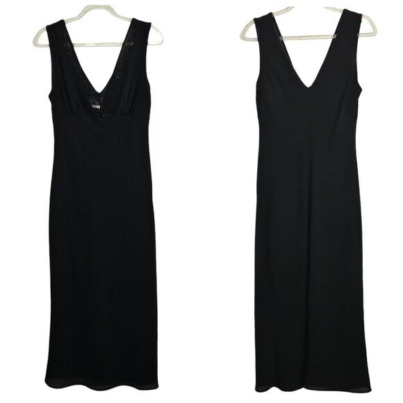 Mandee's Black Midi 90's Sheer V-Neck Detail Sleeveless Sheath Dress Medium - Picture 1 of 7
